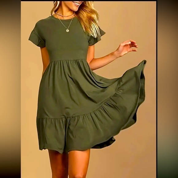 Solid Color Ruffle Hem Dress, Crew Neck Short Sleeve Dress For Spring & Summer - Picture 1 of 5